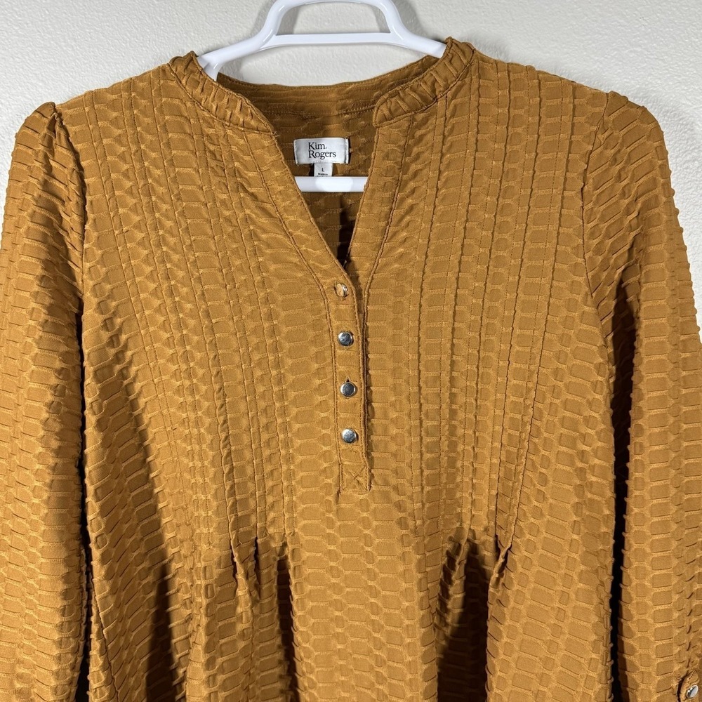 Kim Rogers Womens Mustard Yellow Textured Waffle Knit Henley Top L Roll Tab